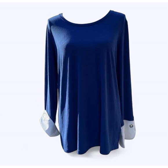 Susan Graver Liquid Knit Top Size L Blue Off White Contrast Cuff Flowy Stretch - Picture 1 of 13